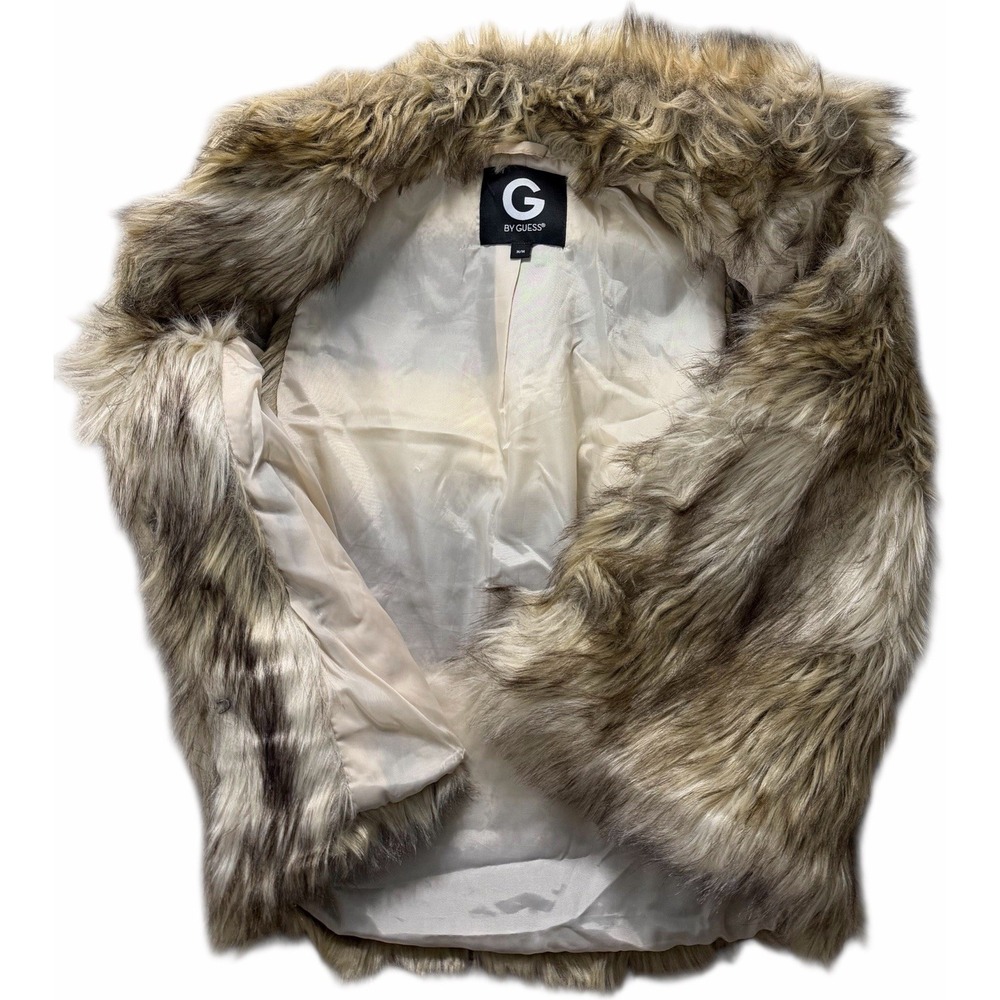 G By Guess Shaggy Faux Fur Vest Brown Cream‎ Size Medium Open Front